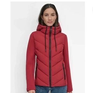 DKNY Women's Vibrant Red Hooded Puffer Jacket